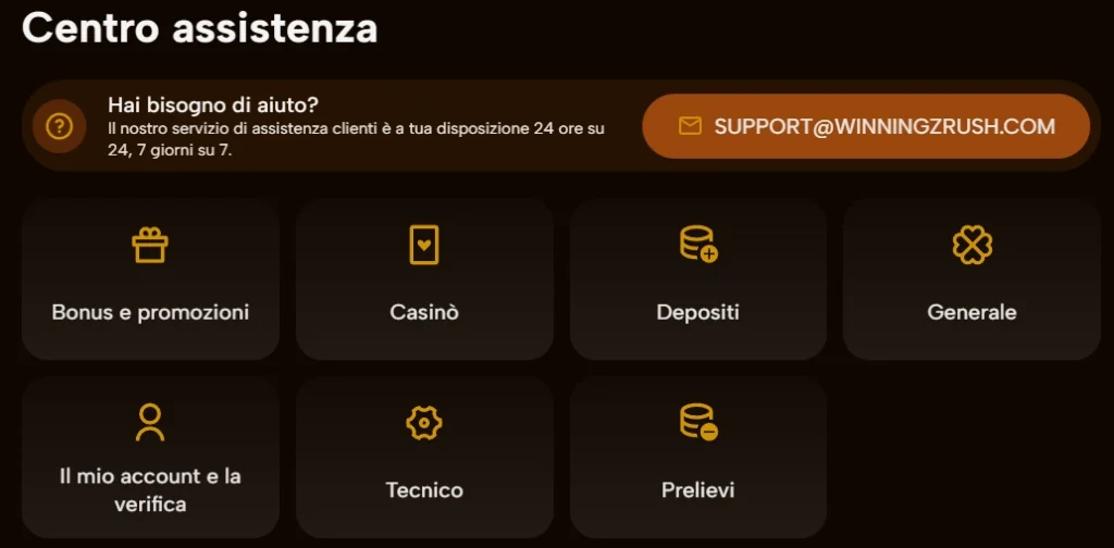 Winningzrush Casino centro assistenza con email supporto e sezioni FAQ