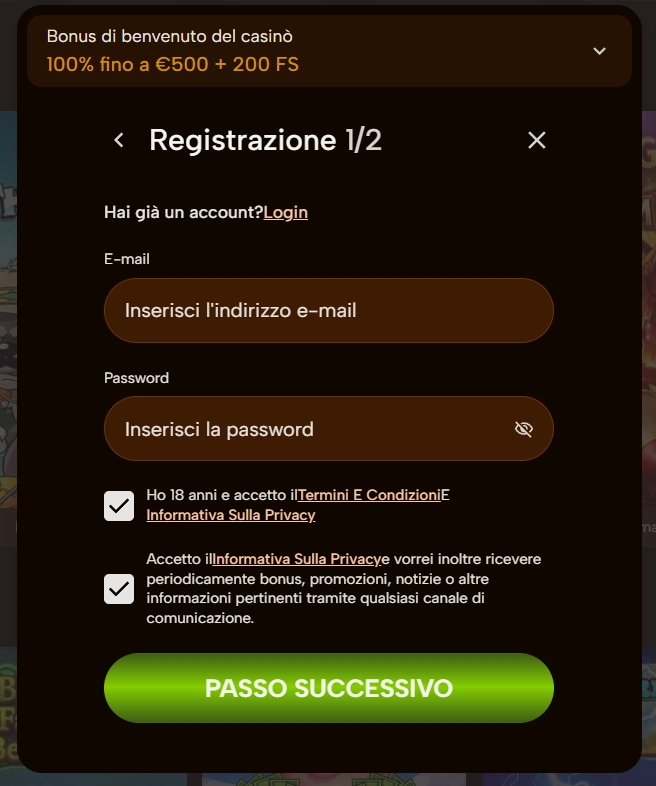 Winningzrush Casino modulo di registrazione con email, password e bonus di benvenuto