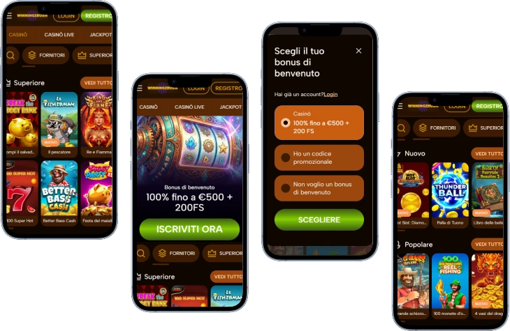 Winningzrush Casino versione mobile con bonus di benvenuto e schermata registrazione