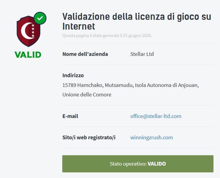 Winningzrush Casino schermata di validazione licenza Anjouan con stato valido